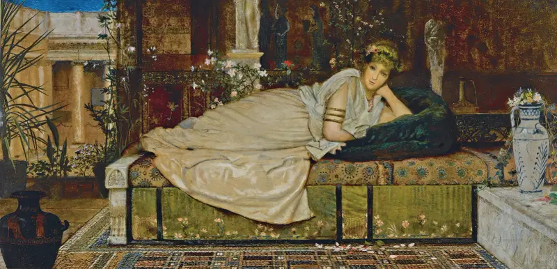 En dam i en klassisk interiör av John Atkinson Grimshaw