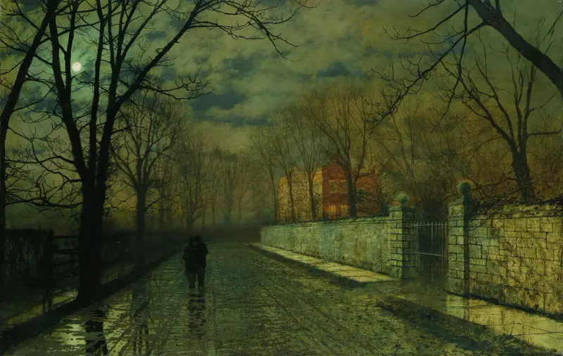 Figurer i en månskensbelyst gränd efter regn av John Atkinson Grimshaw