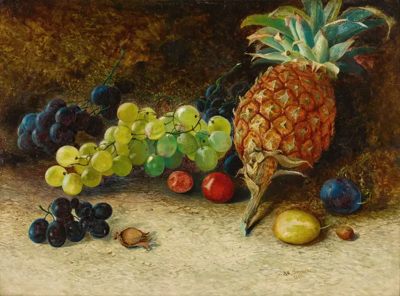 Stilleben med ananas, druvor, nötter och plommon av John Atkinson Grimshaw