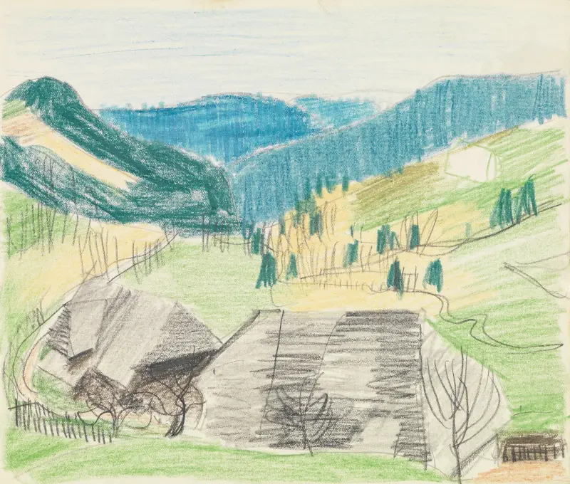 Höll; Sommerlandschaft mit zwei Schwarzwaldhäusern vorn av August Babberger