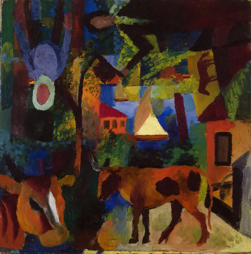 Landscape with Cows, Sailboat, and Figures av August Macke