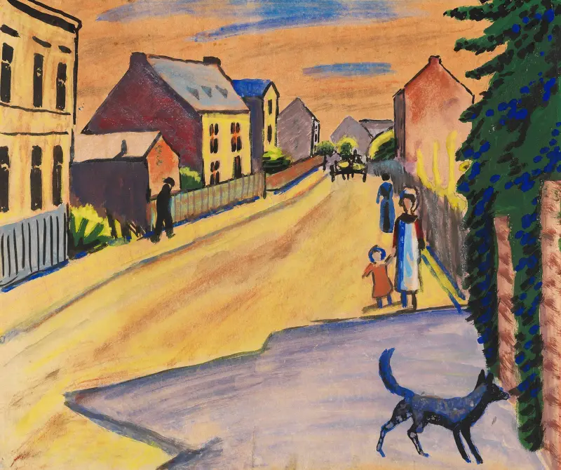 Słoneczna ulica z psem, August Macke