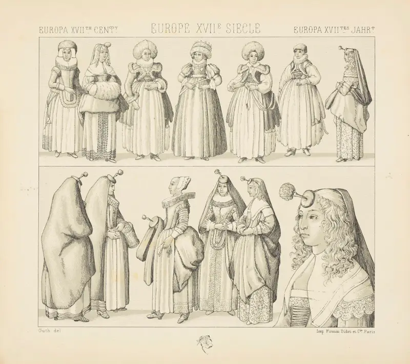 Angleterre, Brabant, Allemagne et France – costumes feminins 1640-1650 – les dames houppes av Auguste Racinet
