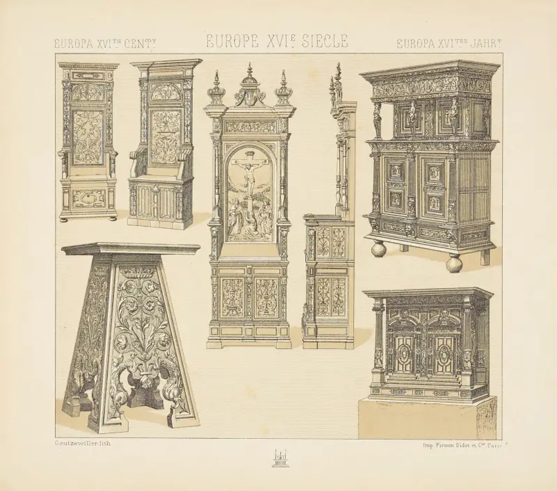 Chaires, escabeau, prie-dieu, cabinets av Auguste Racinet