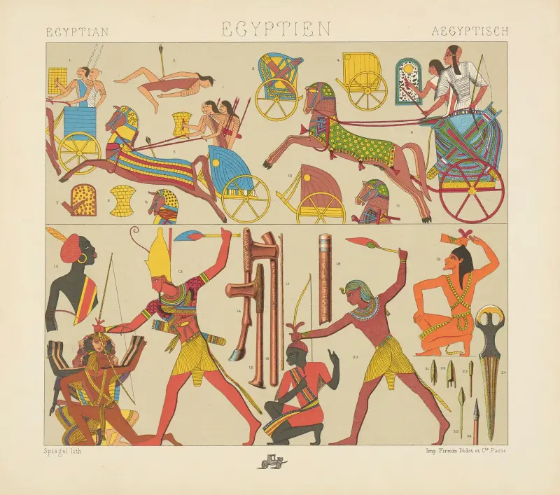 Egyptiska och asiatiska krigsvagnar, olika folk av Auguste Racinet