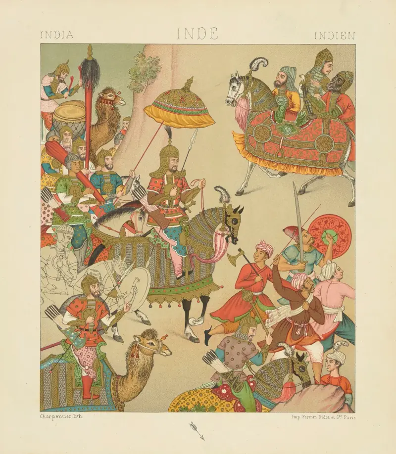 Costume de guerre du XVIe siècle; empereur Mogol conduisant une expédition militaire av Auguste Racinet
