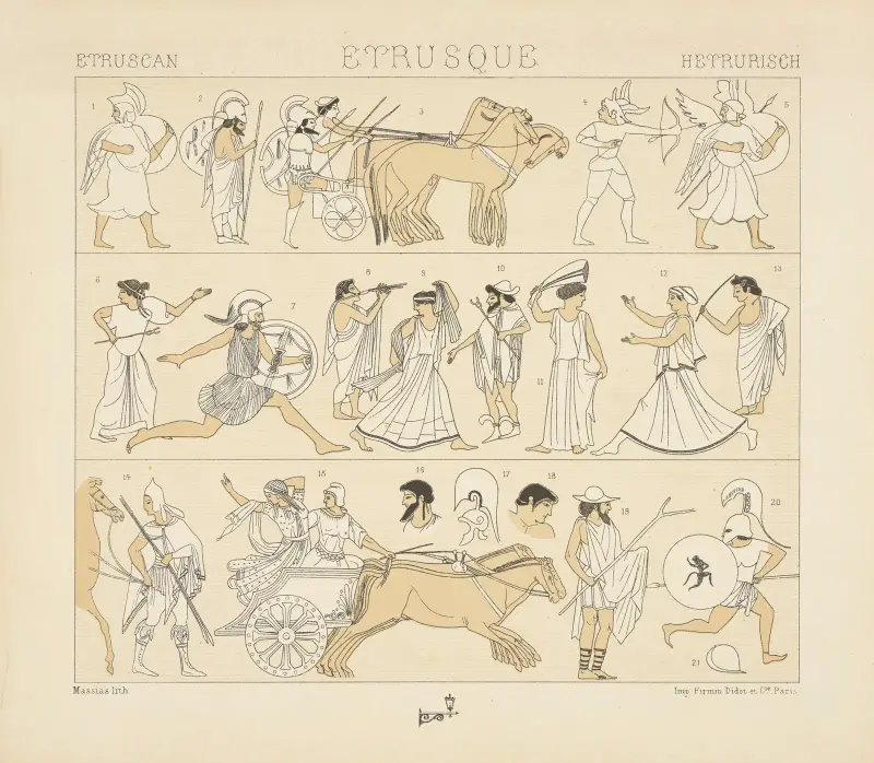 Costumes de guerre et autres, chariots divers av Auguste Racinet