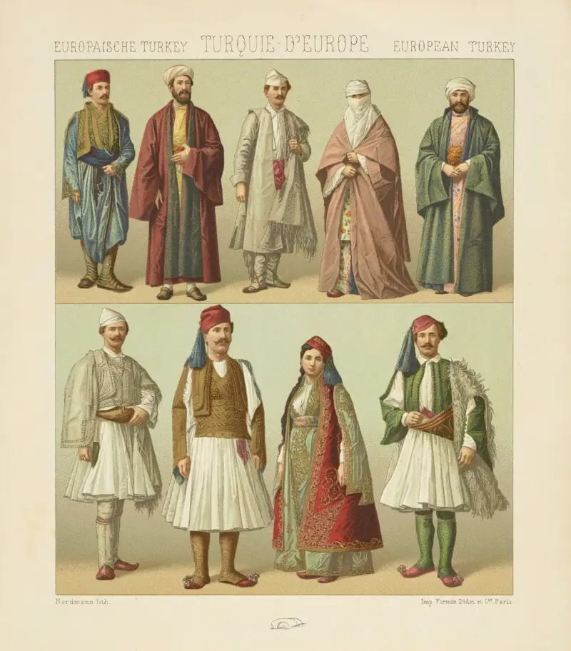 Dräkter från vilajeten Janya och Selanik – (Kejsardömet eller Nedre Albanien, Thessalien, Makedonien) av Auguste Racinet