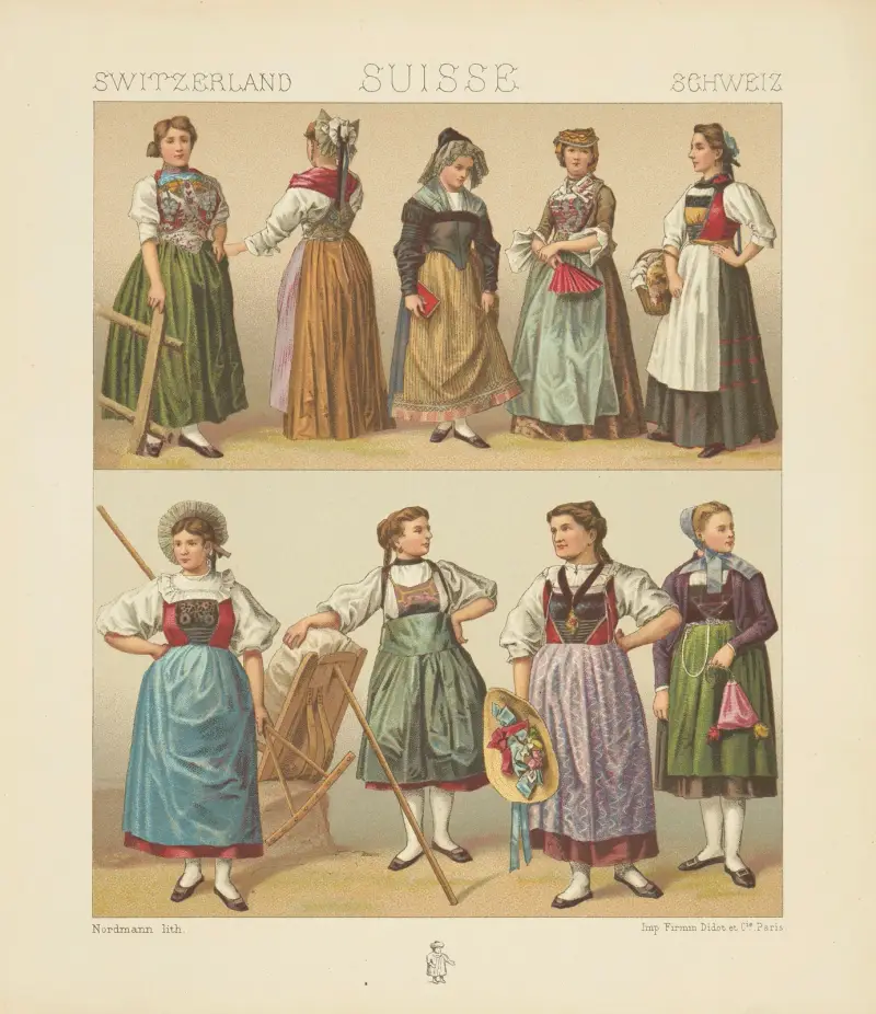 Kvinnliga dräkter – Unterwalden, Sankt Gallen, Bern, Valais, Zürich, Zug, Luzern, Basel av Auguste Racinet