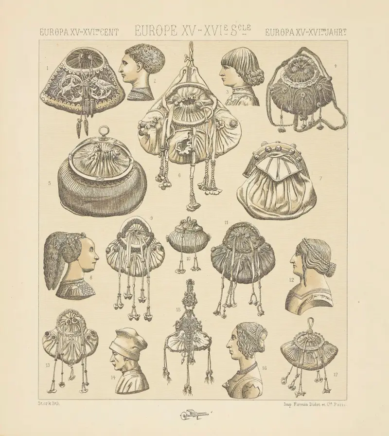 Escarcelles, bourses, coiffures italiennes av Auguste Racinet