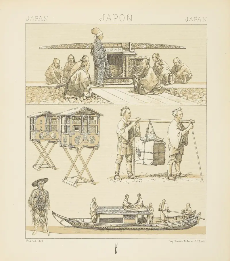 Modes et moyens de transport; e norimon et ses porteurs, les cantines de voyage, barque fluviale, coolies, paysan av Auguste Racinet