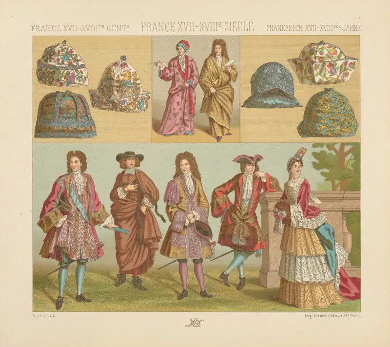 Modes francaises, us et coutumes, l’habillement du roi, la robe de chambre, le bonnet av Auguste Racinet