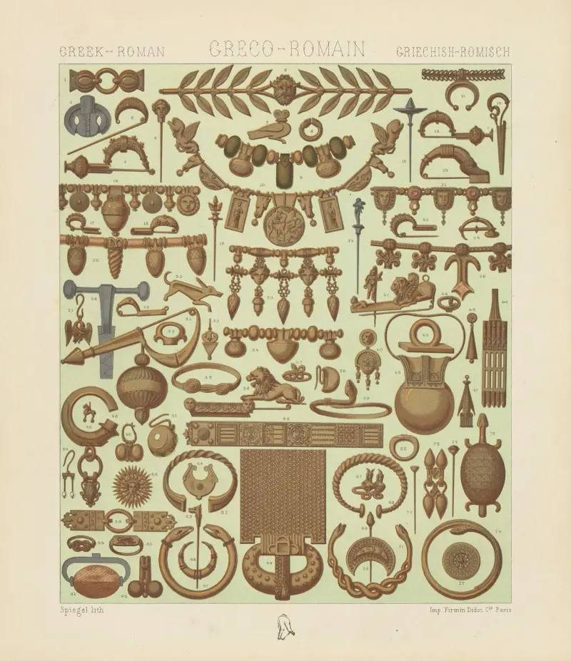 Guld- och juvelerarkonst: uppsättningar, kronor, halsband, örhängen, ringar, armband, broscher etc. av Auguste Racinet