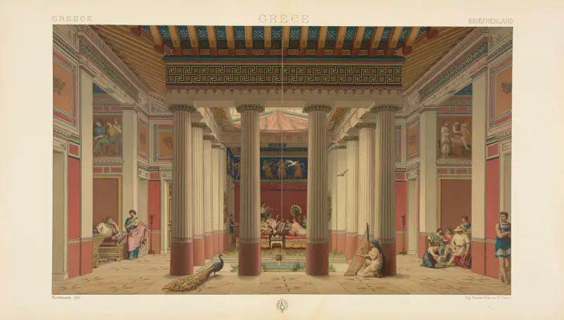 Huvudrum i ett rikt atenskt hus, restaurering; 500-talet f.Kr. av Auguste Racinet