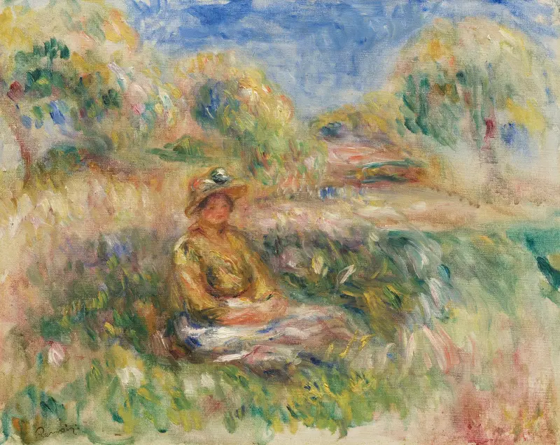 Femme assise dans un paysage av Pierre-Auguste Renoir