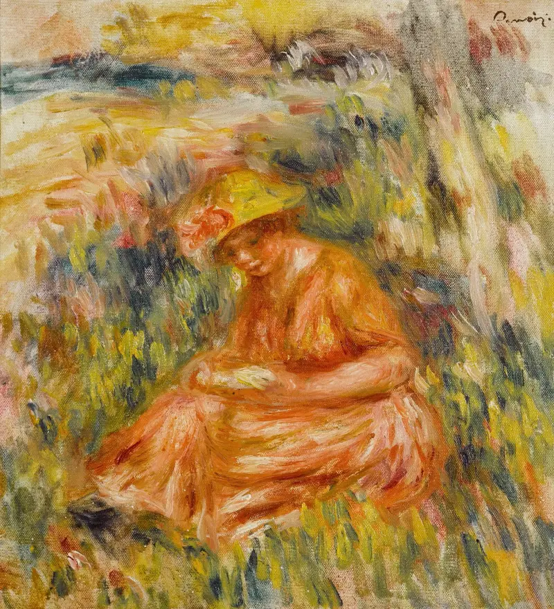Femme lisant dans un paysage av Pierre-Auguste Renoir