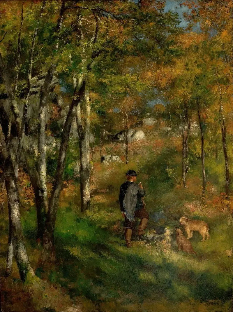 Jules Le Coeur and his dogs in the forest of Fontainebleau av Pierre-Auguste Renoir