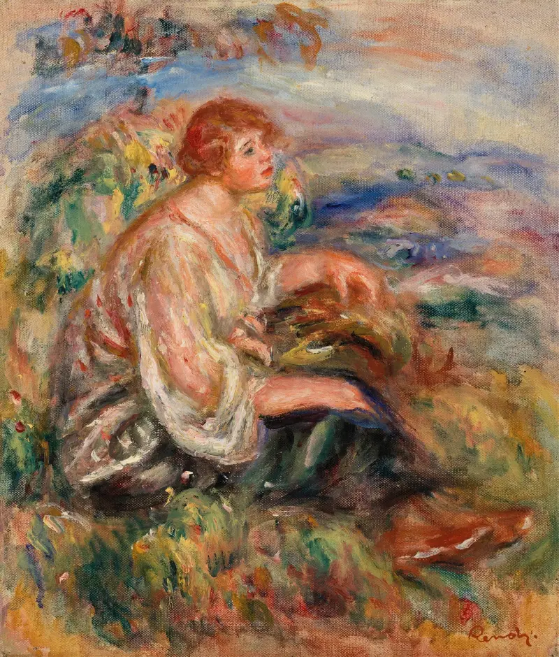 Kvinna i tyllblus och svart kjol i landskap av Pierre-Auguste Renoir