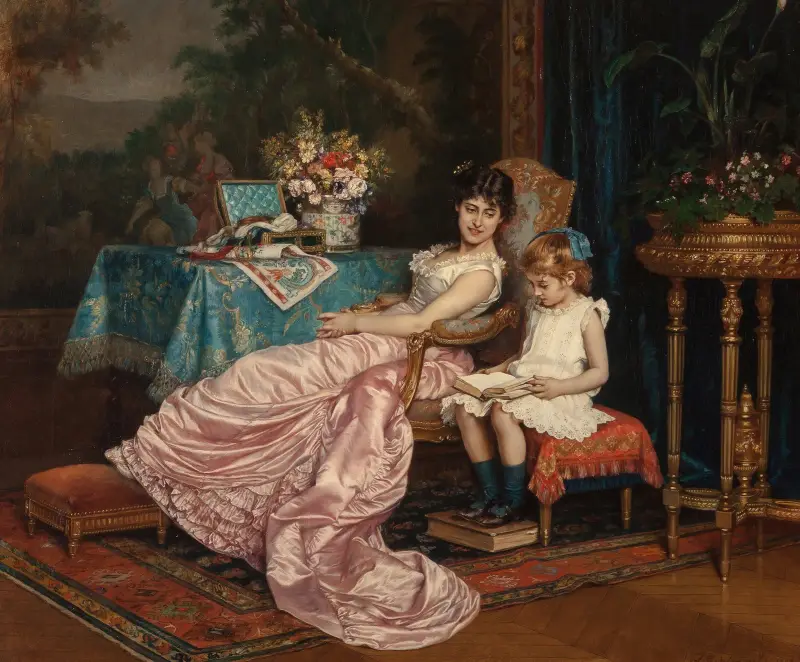 A mother and daughter reading av Auguste Toulmouche