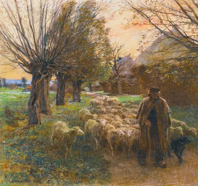 Le berger et son troupeau, le soir av Léon Augustin Lhermitte