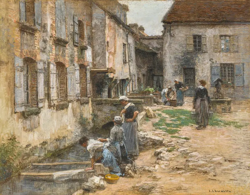 Les lavandières à villenauxe av Léon Augustin Lhermitte