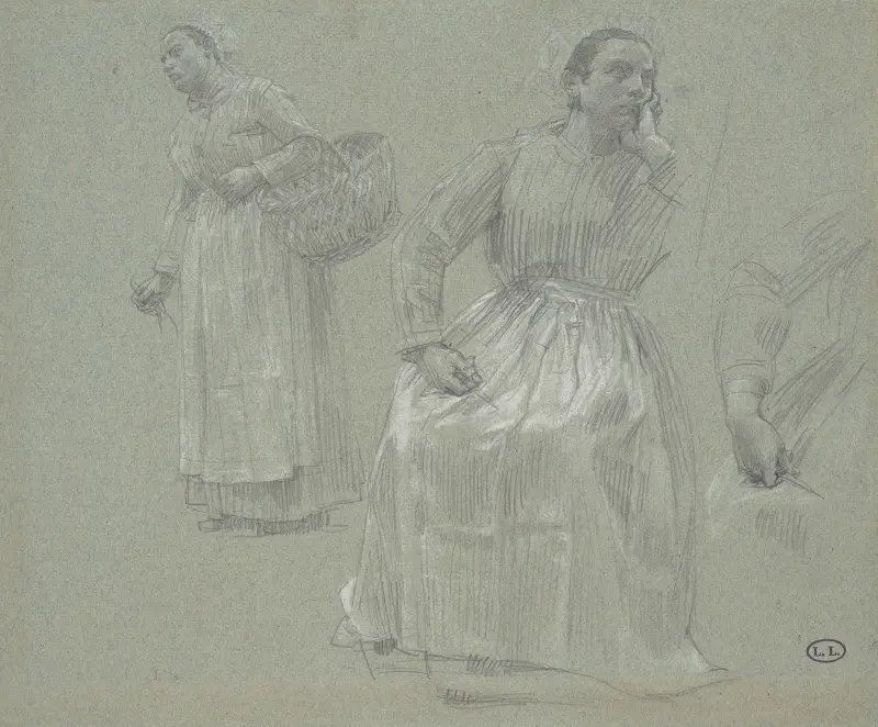 Studie zweier Frauen, eine sitzend und eine einen Korb haltend von Léon Augustin Lhermitte