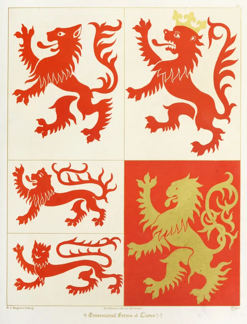 Konventionella djurformer ; Lejon; stående, gående och gående med blicken fäst av Augustus Pugin