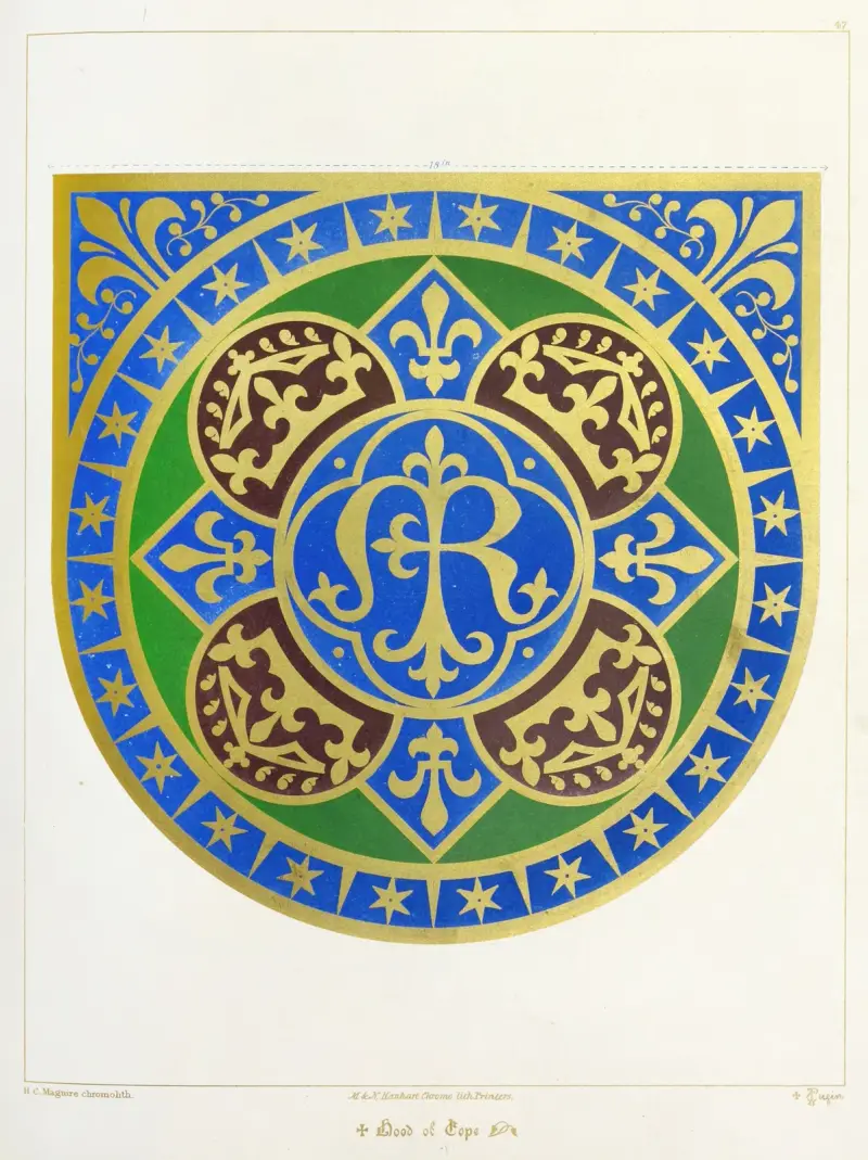 Kapuzenmantelkapuze; der Name Unserer Lieben Frau, mit Kronen, Sternen und Lilien von Augustus Pugin
