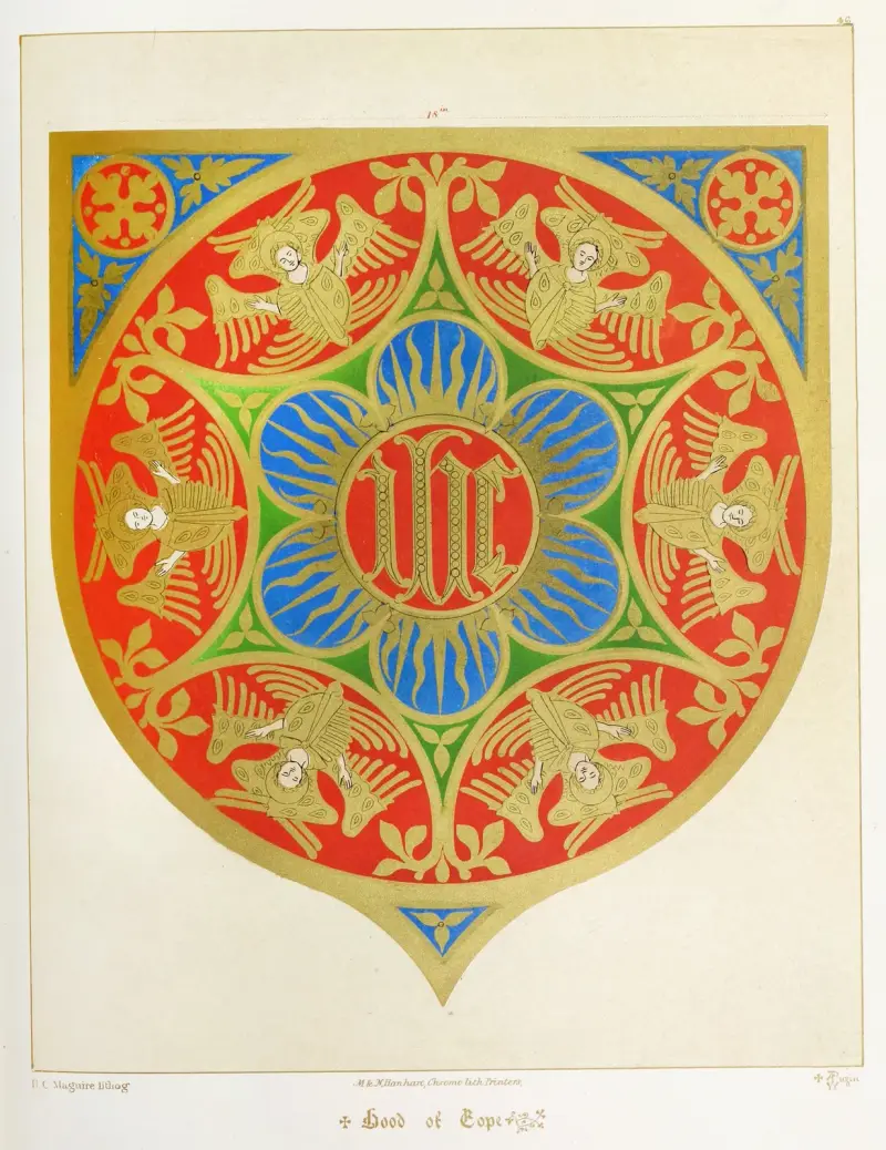 Kapuschong med kåpa; Det heliga namnet omgivet av keruber av Augustus Pugin