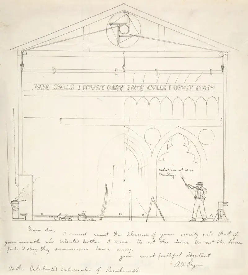 Letter with Sketch of Artist Painting Stage Scenery av Augustus Pugin