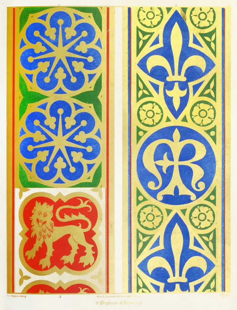 Orphreys of Copes; 1. A Star of seven points; 2. Fleur-de-lis, Monogram, and Roses; 3. Lions. av Augustus Pugin