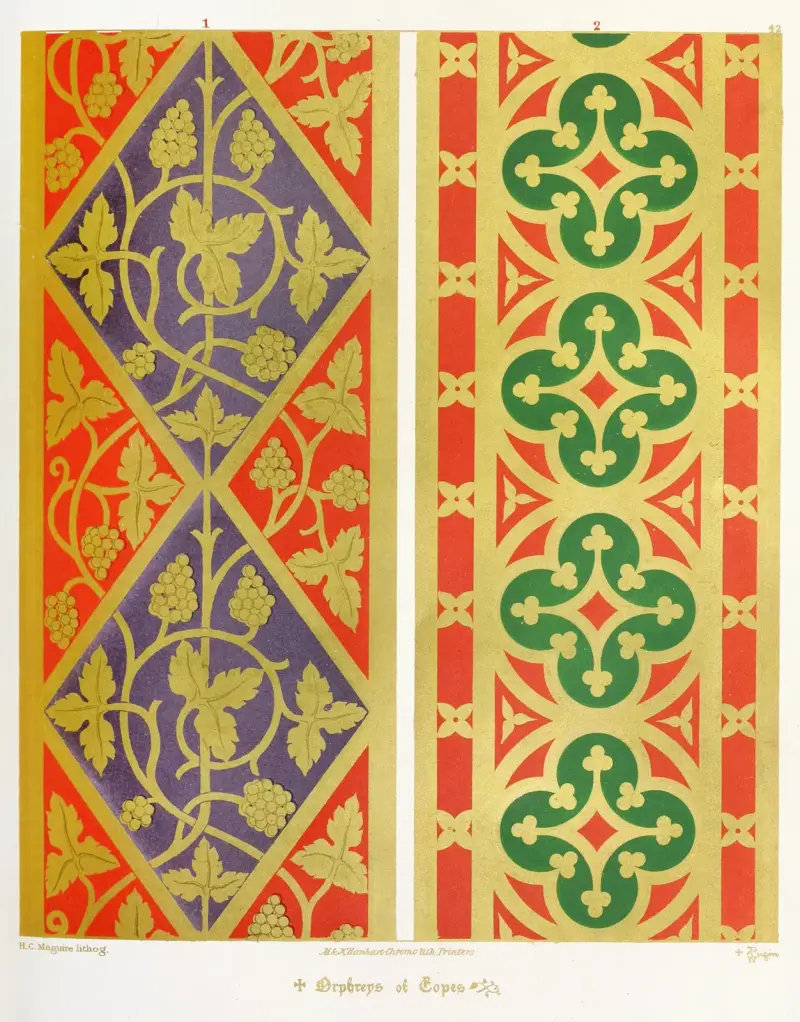 Orphreys of Copes; 1. The Vine ; 2. Crosses Flory in Quatrefoils. av Augustus Pugin