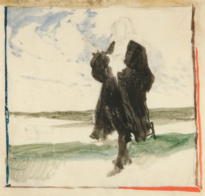 Cloaked man in landscape av Edwin Austin Abbey