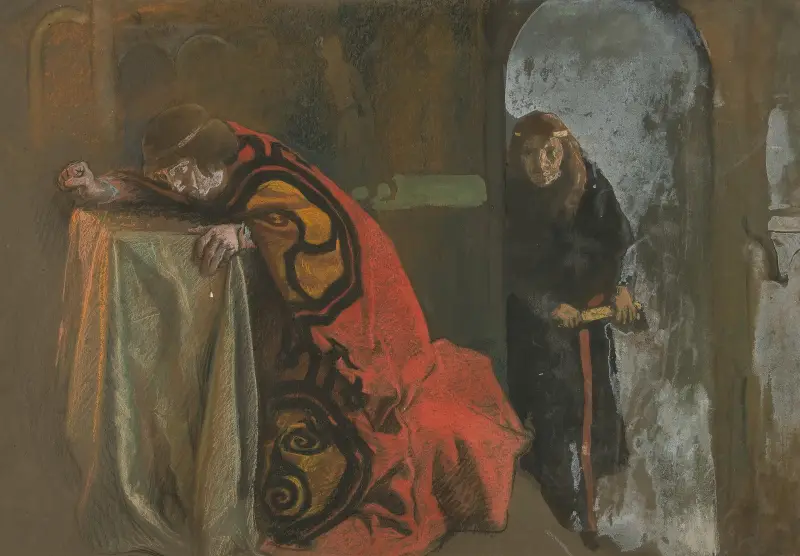 Hamlet; ‘Now might I do it,’ Act III, Scene 3, Hamlet av Edwin Austin Abbey