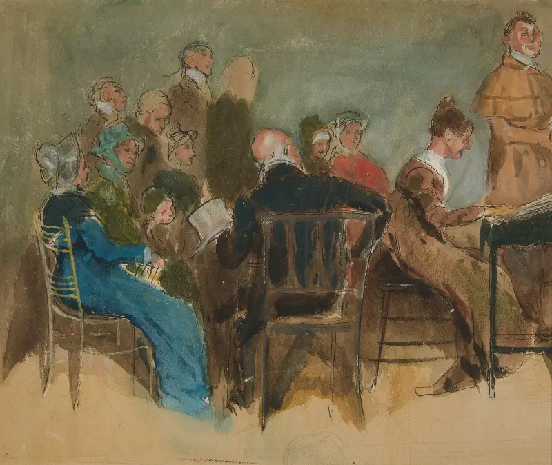 Sketch of women in an interior – unidentified illustration av Edwin Austin Abbey