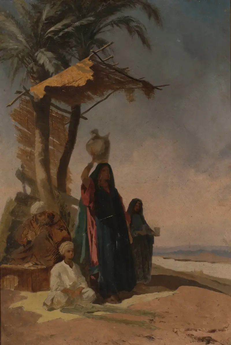 Eastern genre scene under a palm tree av Stanisław Chlebowski
