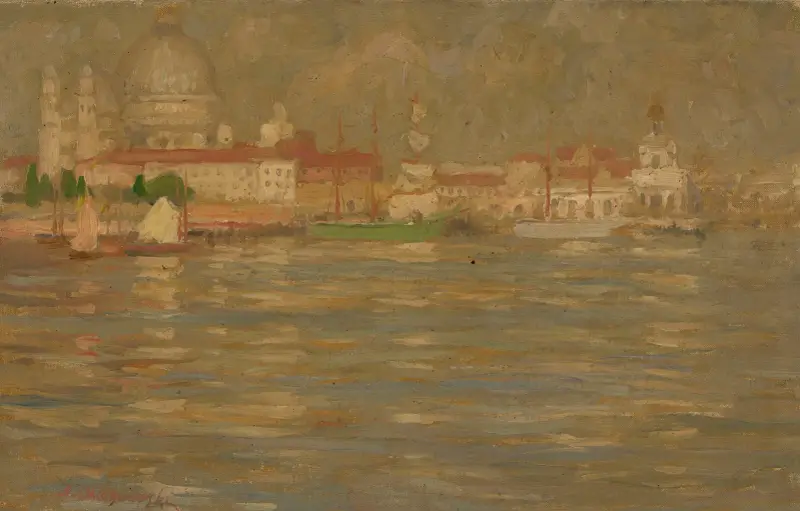 View of the city at waterside av Stanisław Chlebowski