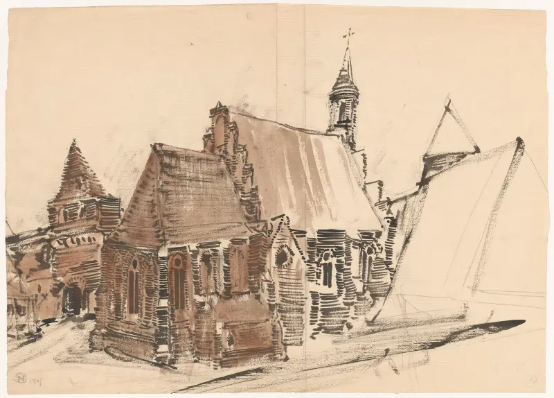 Belgium. Gothic architecture. Church and fragment of wall with a gate av Stanisław Noakowski