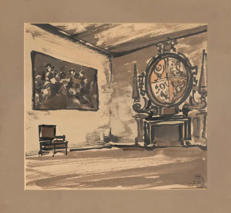 Castle hall from the Vasa era, with a fireplace and painting av Stanisław Noakowski