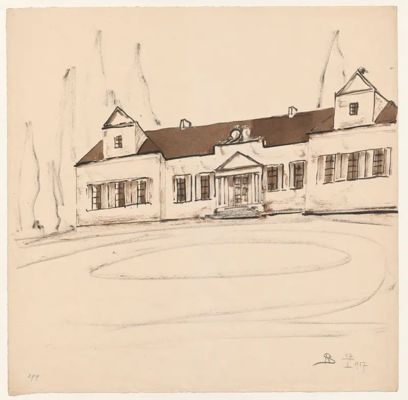 Country manor house with a porch on columns av Stanisław Noakowski