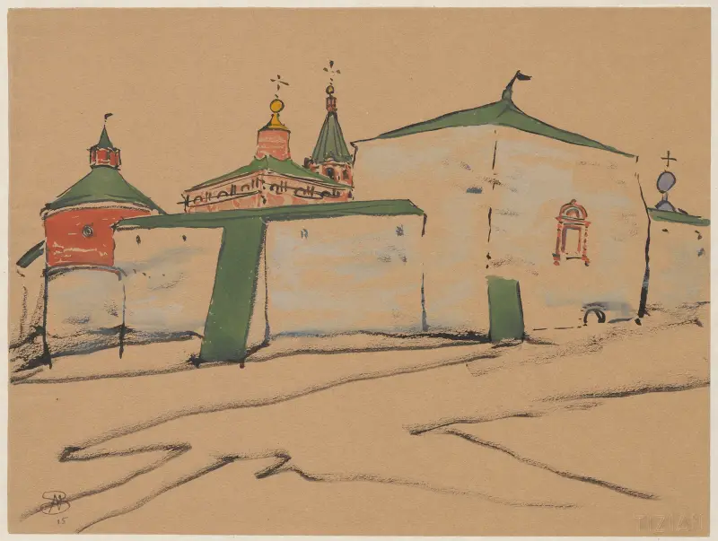 Eastern Orthodox church behind a wall with a wall tower av Stanisław Noakowski