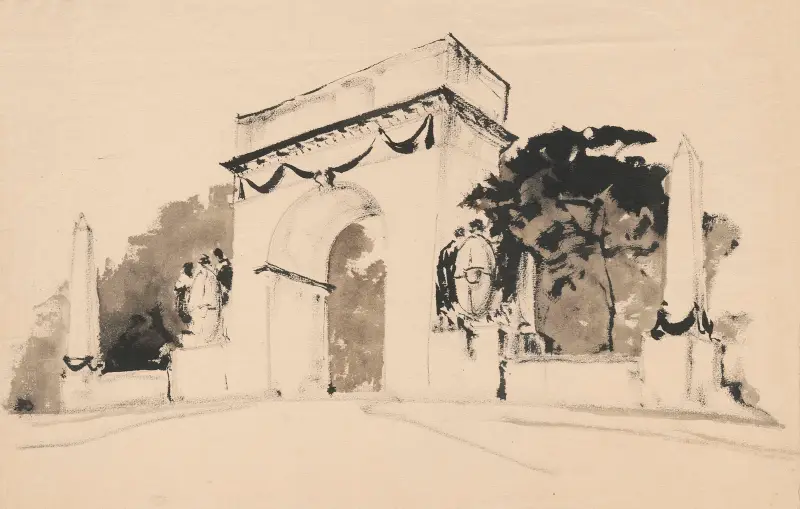 Empire triumphal arch with two obelisks on the sides av Stanisław Noakowski