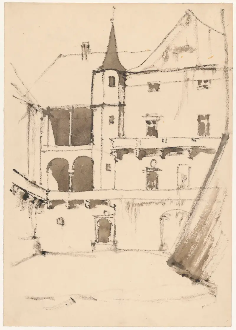 Fragment of a castle courtyard with loggia av Stanisław Noakowski