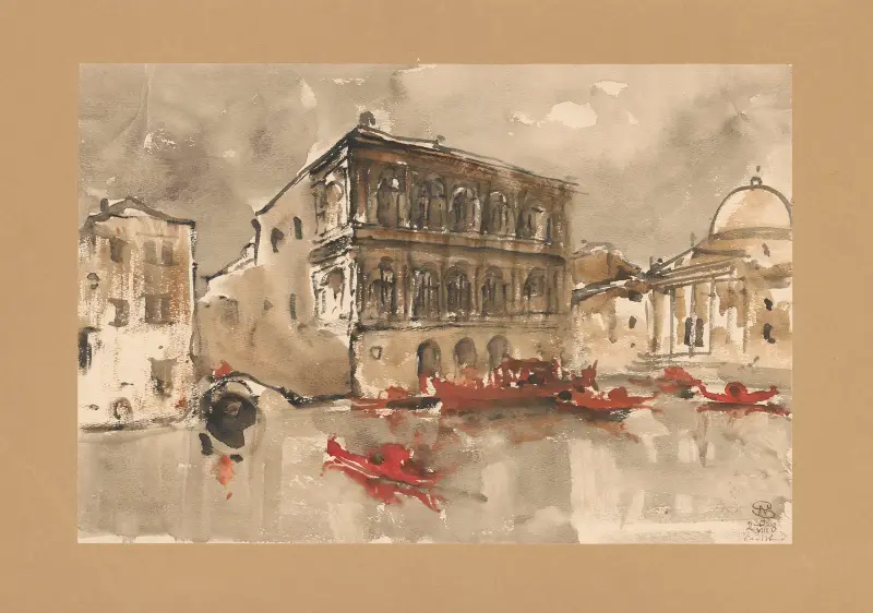 Gondolas in front of a palace on Canale Grande av Stanisław Noakowski