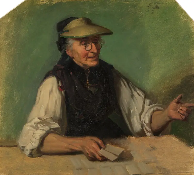 Gammal schwarzwaldsk kvinna med ögonskärm och spelkort i höger hand, sittande bakom ett bord av Johann Baptist Kirner