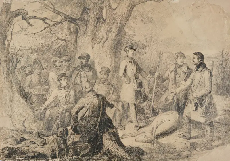 Grand ducal hunting party with shot deer (preparatory sketch) av Johann Baptist Kirner