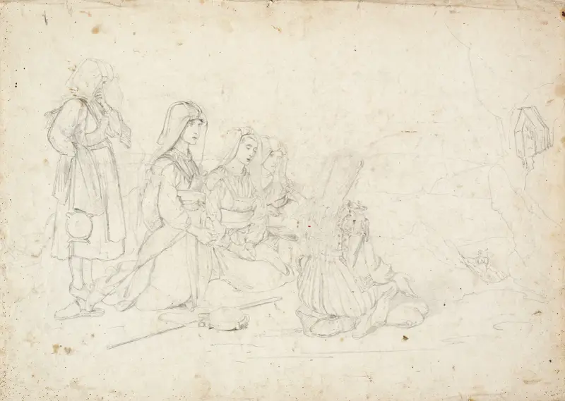 Italian peasants at prayer in front of a wayside shrine av Johann Baptist Kirner