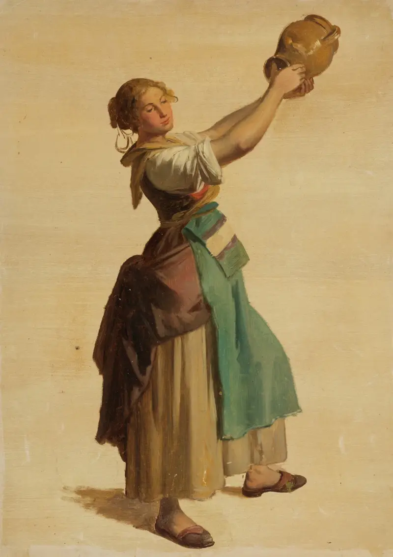 Junge Frau nach rechts, einen Krug in die Höhe haltend von Johann Baptist Kirner