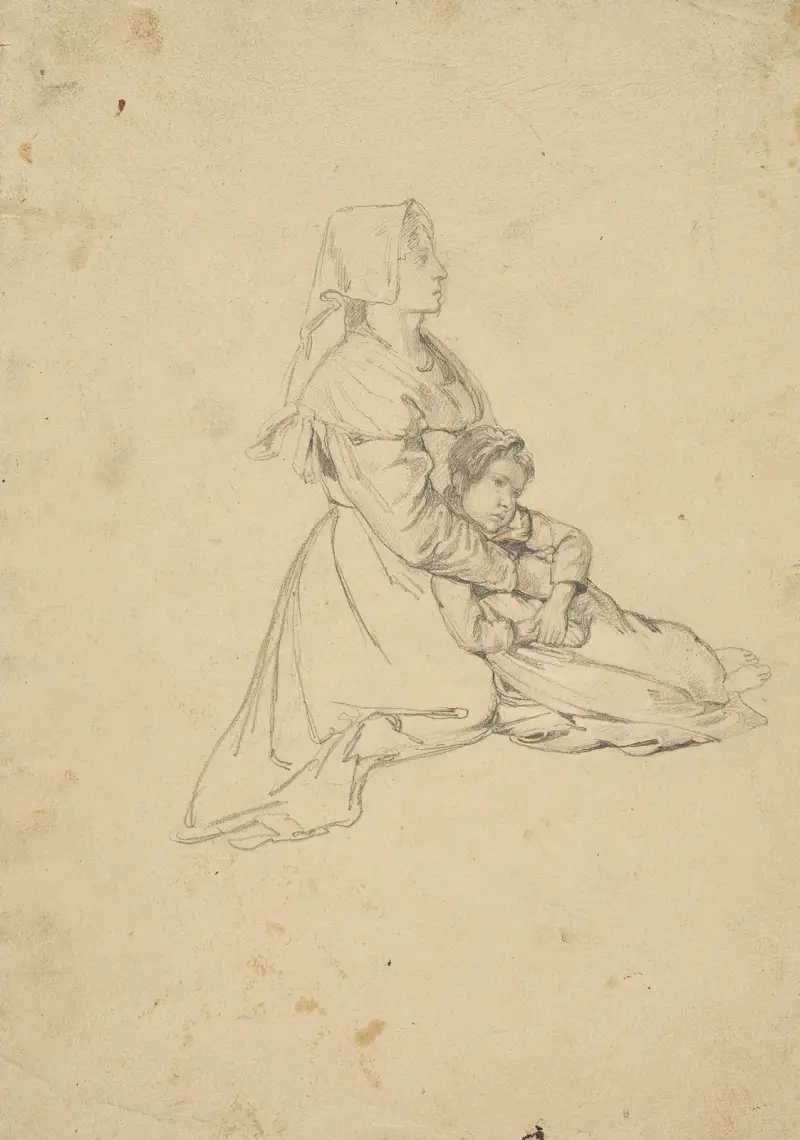 Kneeling Italian girl, holding her daughter av Johann Baptist Kirner