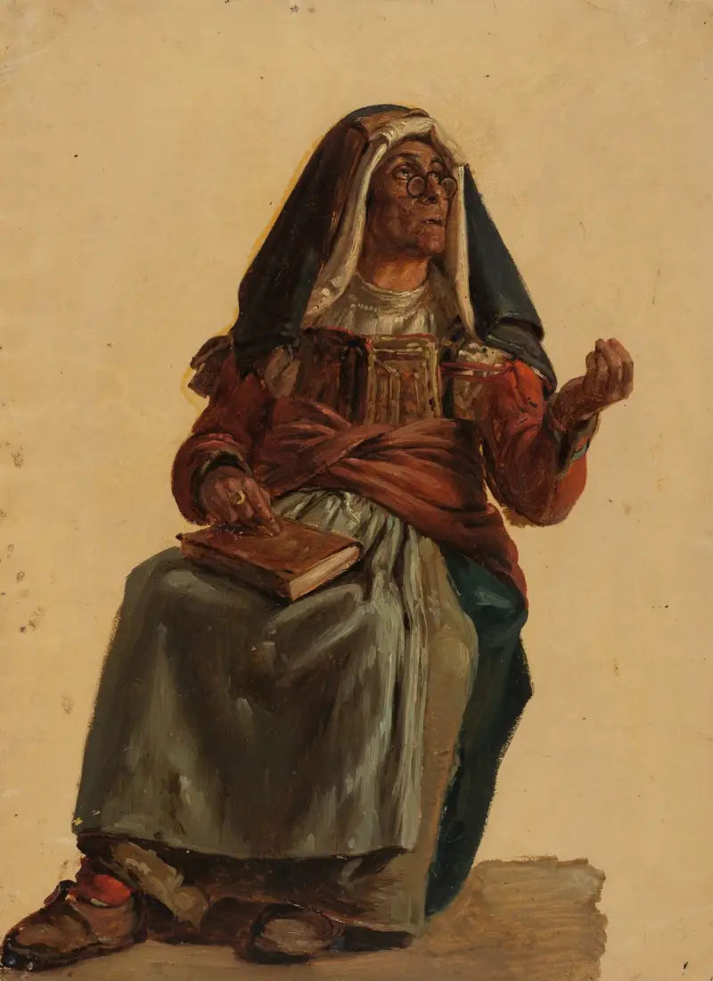 Sitzende alte Italienerin mit einem Buch im Schoß av Johann Baptist Kirner